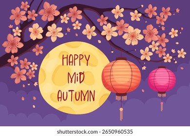 Feliz festival de outono. Cartão ou banner para feriado tradicional asiático. Brilhante lua cheia, lanternas chinesas vermelhas e florescente ramo sakura, fundo roxo.