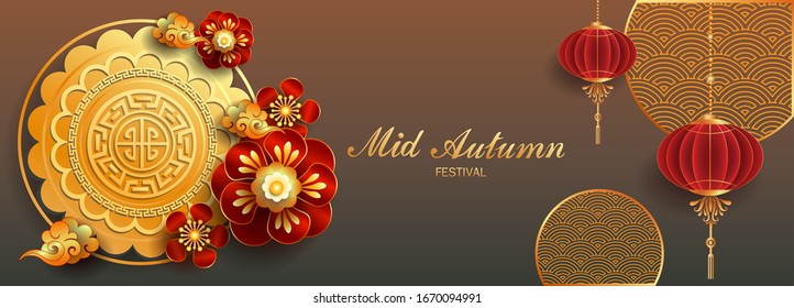 Happy Mid-Autumn Festival / Chinese festival with moon cake, flowers, cloud and lantern / Vector illustration, posters, brochure, calendar, flyers, banners