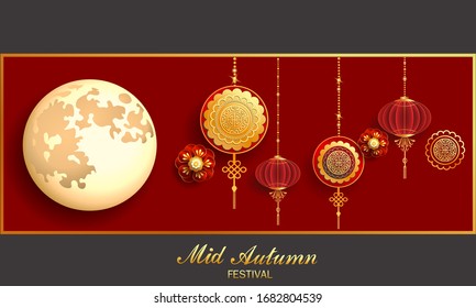 Happy Mid-Autumn Festival / Chinese festival with the moon, moon cake, lantern and flowers on red paper / Vector illustration, posters, brochure, calendar, flyers, banners