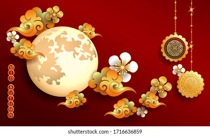 Happy Mid-Autumn Festival / Chinese festival with the moon, moon cake, lantern and flowers on red paper / Vector illustration