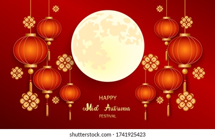 Happy Mid-Autumn Festival / Chinese festival with the moon, lantern and flower / Vector illustration /  greetings card, invitation, posters, brochure, calendar, flyers, banners