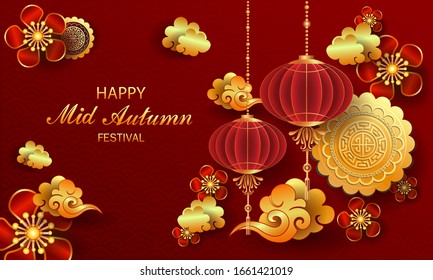 Happy Mid-Autumn Festival a Chinese festival, Vector illustration, Greeting card, Lunar with flower, moon cake and cloud