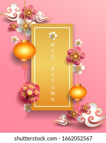 Happy Mid-Autumn Festival a Chinese festival, Vector illustration, Greeting card, Lunar with flower and cloud on pink paper