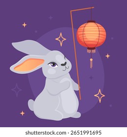 Happy mid-autumn festival. Cute rabbit with Chinese red round lantern.