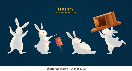 Happy Mid-autumn festival with cute rabbits carrying mooncake and holding lantern