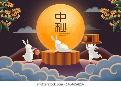 Happy Mid-autumn festival with cute rabbits enjoying mooncake and the full moon on starry night, holiday name in Chinese characters