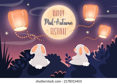 Happy Mid-Autumn Festival. Cute rabbits looking at moon and Chinese lanterns. Greeting card with text for mooncake festival, Chinese, Korean, Asian  traditional holiday. Vector cartoon illustration	