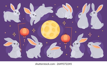 Happy mid-autumn festival. Cute rabbits in different poses, lanterns and the moon. Collection of illustrations for traditional Asian holiday. 