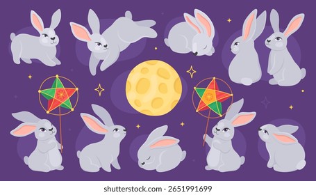 Feliz festival de outono. Coelhos bonitos em diferentes poses, lanterna estrela vietnamita e a lua cheia. Coleção de ilustrações para o feriado asiático tradicional.	