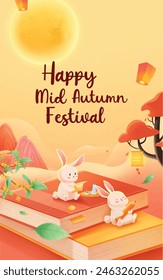 Happy Mid-Autumn Festival poster rabbit sitting on book and reading