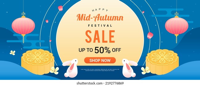 Happy Mid-Autumn festival Sale Banner Vector illustration.Rabbit and mooncake on night scenery

