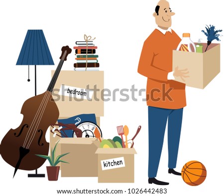 Happy middle age man standing with boxes ready to move to a new home, EPS 8 vector illustration