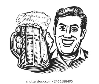 Happy middle aged man with mug of craft beer. Brewery, pub concept. Black and white vector illustration