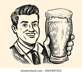 Happy middle aged man in suit with glass of beer in hand. Pub, brewery retro advertising. Clipart drawing in pop art style