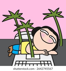 Happy Middle Aged Woman Having A Daydreaming While Sitting At Her Office Desk With A Laptop Concept Cartoon Character illustration