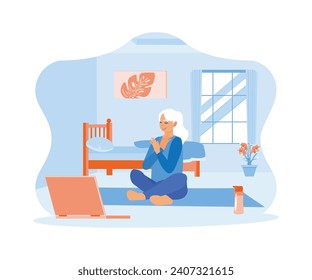 Happy middle aged woman sitting cross legged on the floor. Practice yoga while watching videos on a laptop. Happy, calm, peaceful girl concept. trend modern flat vector illustration