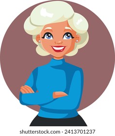 
Happy Middle-Aged Woman Standing with Arms Crossed Vector Character. Cheerful attractive lady feeling relaxed and carefree 
