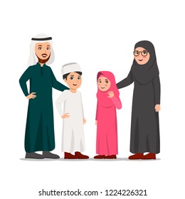 Happy Middle-Eastern Family, Father, Mother and Their Children Vector Cartoon Illustration