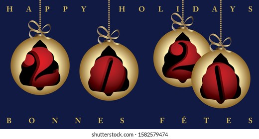 Happy Midnight blue holiday card with 4 golden Christmas balls and inside the 2020 figures - English and French text.
