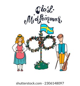 Fröhliches Grußposter im Mittelsommer. Cartoon süße traditionelle gekleidete Figuren und Schrift Glad Midsommar. Vorlage für Schweden längsten Sommerurlaub-Banner. Handgezeichnete Vektorgrafik.