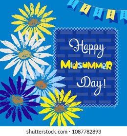 Happy Midsummer greeting poster. Fancy hand drawn letters. Colorful flowers on blue sky background. Template for Sweden longest summer day holiday banner festive tradition party. Vector illustration