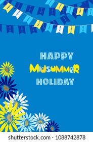 Happy Midsummer greeting poster. Fancy handdrawn letters. Colorful flowers on blue sky background. Sweden summer day holiday banner template. Festive tradition party A4 size flyer. Vector illustration