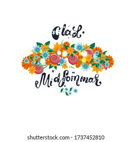 Afiche feliz del saludo de verano medio. Lealtad floral y letras Glad Midsommar. Plantilla para el fondo de banner de verano más largo de Suecia. Ilustración vectorial.