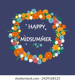 Happy Midsummer greeting poster. Floral wreath and lettering Glad Midsommer. Template for Sweden longest summer day holiday banner background. Vector illustration.