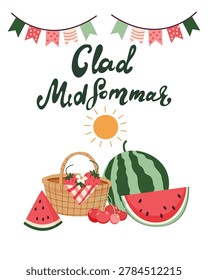 Happy Midsummer greeting poster with piknik basket, watermelon, strawberries and lettering Glad Midsommar. Template for Sweden longest summer day holiday banner.