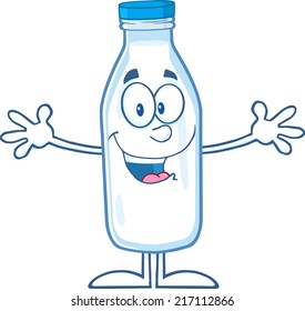 Happy Milk Bottle Cartoon Mascot Character With Open Arms For Hugging