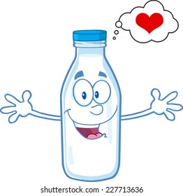 Happy Milk Bottle Character With Open Arms For Hugging And Speech Bubble. Vector Illustration Isolated On White Background
