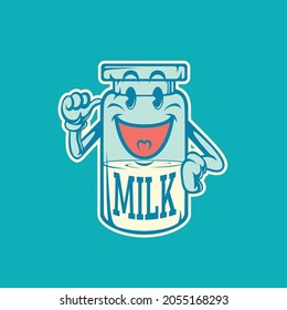 happy milk bottle mascot, this cool and funny image is suitable for logos for snack products made from milk, suitable for t-shirts, posters and merchandise design elements,