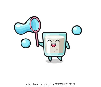 happy milk cartoon playing soap bubble , cute style design for t shirt, sticker, logo element