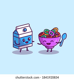 Happy Milk And Cereal Cartoon Vector Icon Illustration. Food And Drink Icon Concept Isolated Premium Vector. Flat Cartoon Style