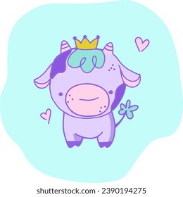 Happy Milk Day Celebration with happy cow anf flowers in cup. Cartoon Hand Drawn Templates Illustration. Nice cow in cup of milk.