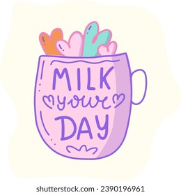 Happy Milk Day Celebration with happy cow anf flowers in cup. Cartoon Hand Drawn Templates Illustration. Nice cow in cup of milk.