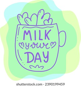Happy Milk Day Celebration with happy cow anf flowers in cup. Cartoon Hand Drawn Templates Illustration. Nice cow in cup of milk.