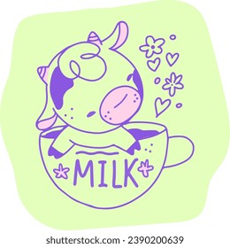 Happy Milk Day Celebration with happy cow anf flowers in cup. Cartoon Hand Drawn Templates Illustration. Nice cow in cup of milk.