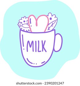 Happy Milk Day Celebration with happy cow anf flowers in cup. Cartoon Hand Drawn Templates Illustration. Nice cow in cup of milk.