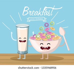 happy milk glass with cereal cupl and spoon