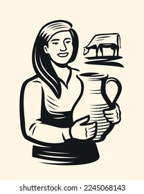 Happy milkmaid holding jug of fresh milk, near grazing cow. Dairy farm, creamery emblem or logo. Food and drink concept