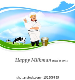 Happy Milkman with a jug of milk and a cow on a green meadow