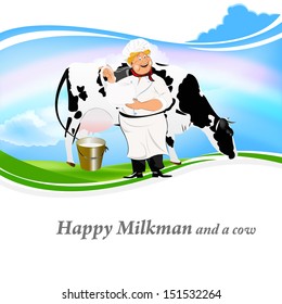 Happy Milkman with a jug of milk and a cow on a green meadow