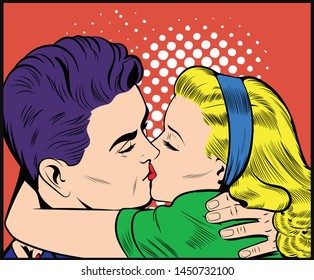 Happy Millennial Couple Stealing Kiss. Retro Comic Book style cartoon, Classic Pop Art colored drawing, vintage vector 