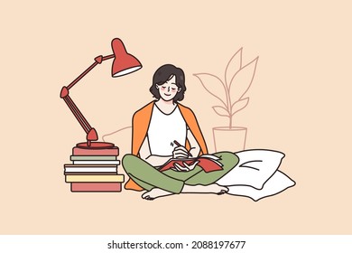 Happy millennial girl sit in bed write in notebook study distant at home. Smiling young woman handwrite take notes learn with books. Distant education and self-development. Flat vector illustration. 