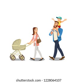 Happy Millennial Parents Walking with Their Little Childrens, Strolling with Baby Carriage, Spending Time Together Cartoon Vector Illustration Isolated on White Background. Family Strolling Concept