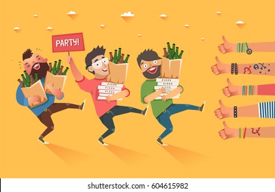 Happy millennials with "Party" placard and a lot of hands of young people showing thumbs up hand sign. Youth lifestyle. Colorful vector illustration in flat style.