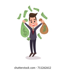 Happy millionaire character hoding money bags, money flying around him, businessman has a lot of money colorful vector Illustration