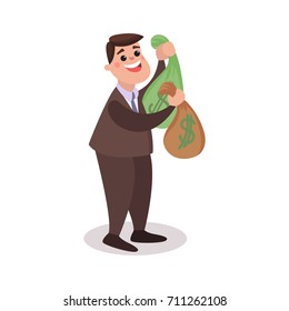 Happy millionaire character holding money bags, businessman has a lot of money colorful vector Illustration