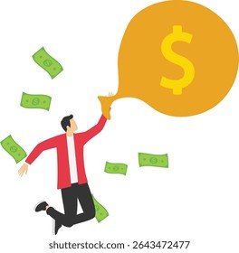 Personagem milionário feliz sentado em uma pilha de sacos de dinheiro, dinheiro voando em torno dele, empresário tem muito dinheiro vetor colorido ilustração stock ilustração

